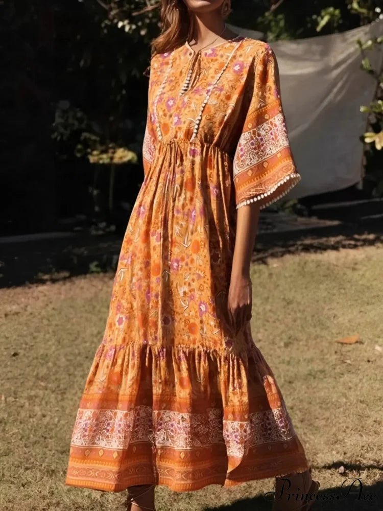 Flower Pattern Batwing Sleeve Fringe Rayon Long Boho Dress
