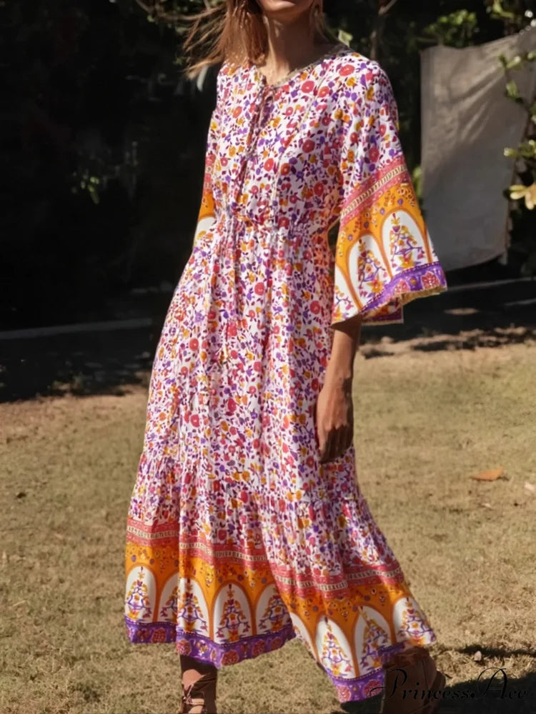 Flower Pattern Batwing Sleeve Fringe Rayon Long Boho Dress