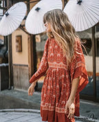 Flower Pattern Batwing Sleeve Round-neck Summer Bohemian Dress