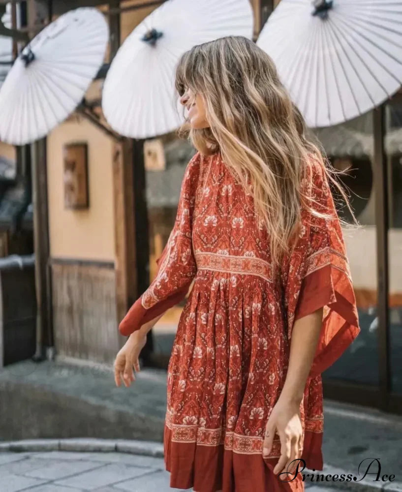 Flower Pattern Batwing Sleeve Round-neck Summer Bohemian Dress