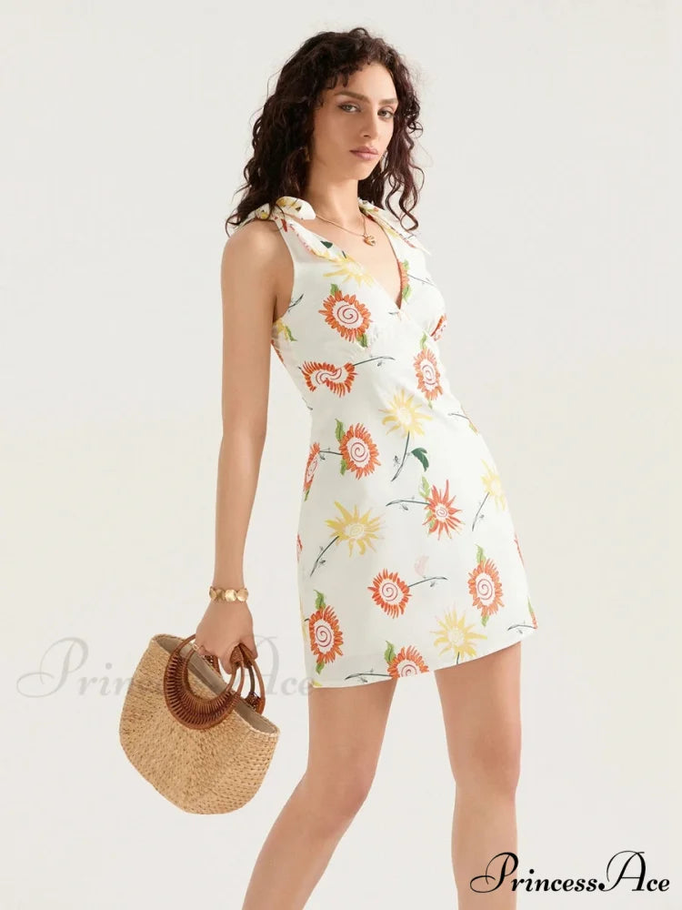 Flower Pattern Bound Shoulder Open Back Sleeveless Mini Holiday Flower Dress