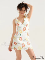 Flower Pattern Bound Shoulder Open Back Sleeveless Mini Holiday Flower Dress