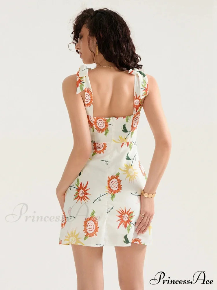Flower Pattern Bound Shoulder Open Back Sleeveless Mini Holiday Flower Dress
