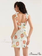 Flower Pattern Bound Shoulder Open Back Sleeveless Mini Holiday Flower Dress