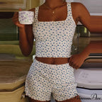 Flower Pattern Bow Detail Sleeveless Midriff Tops Shorts Two Pieces Set