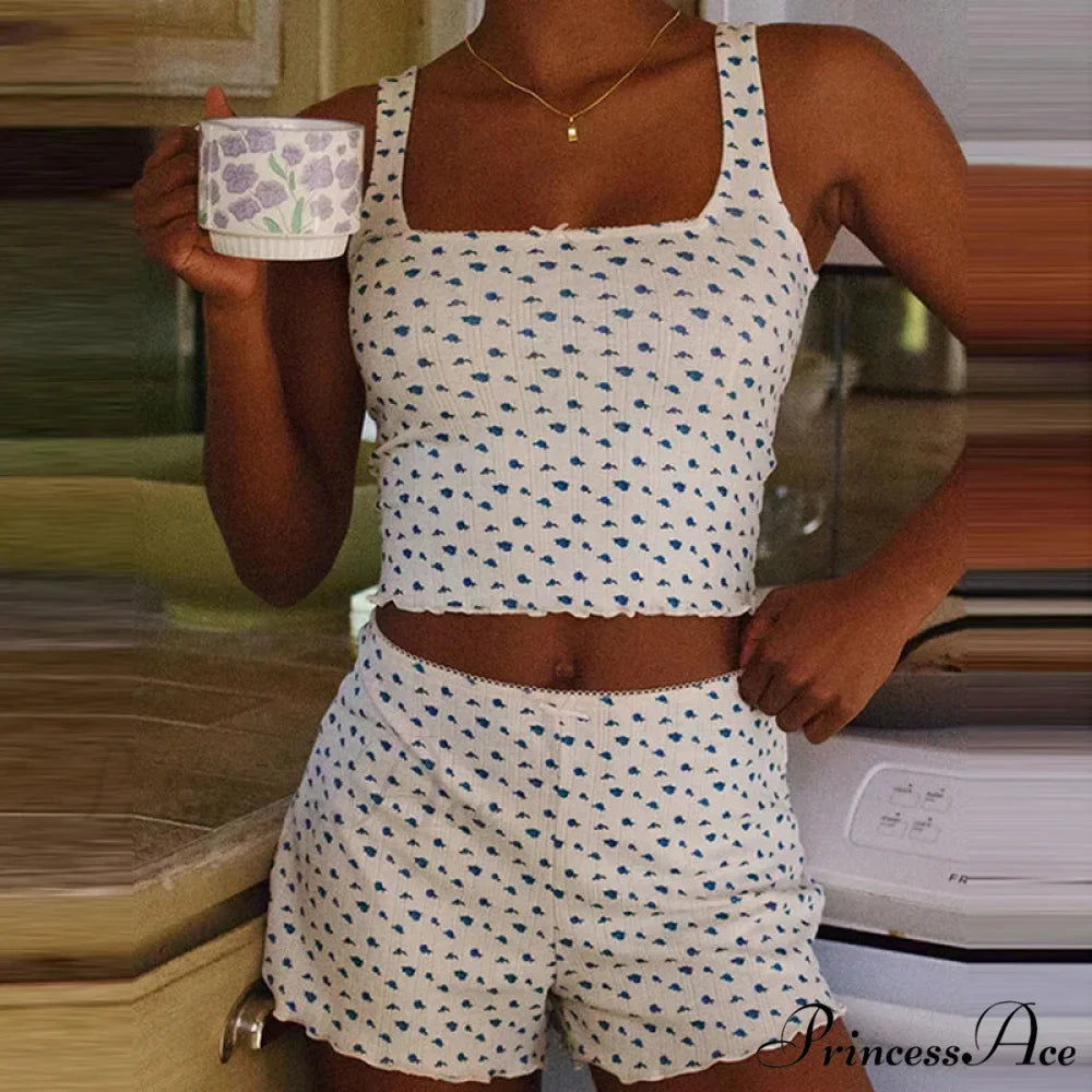 Flower Pattern Bow Detail Sleeveless Midriff Tops Shorts Two Pieces Set