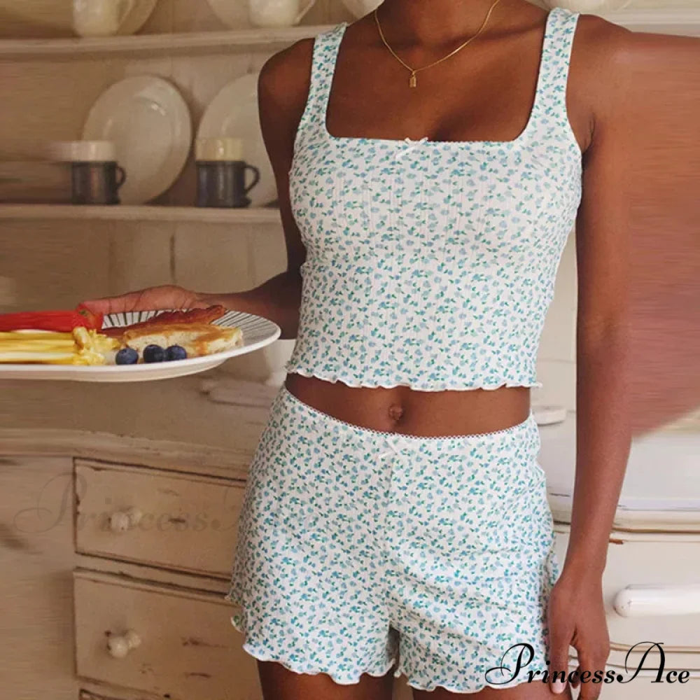 Flower Pattern Bow Detail Sleeveless Midriff Tops Shorts Two Pieces Set