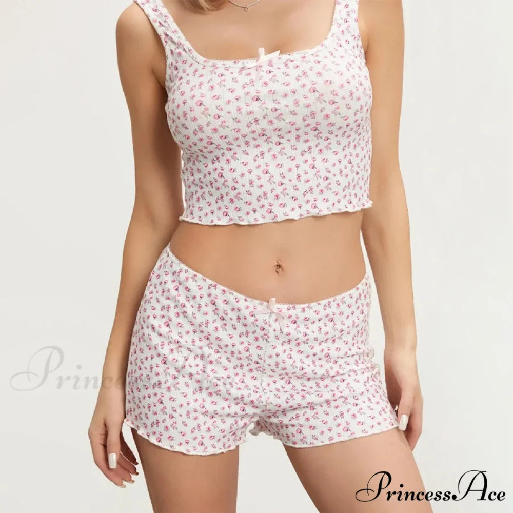 Flower Pattern Bow Detail Sleeveless Midriff Tops Shorts Two Pieces Set