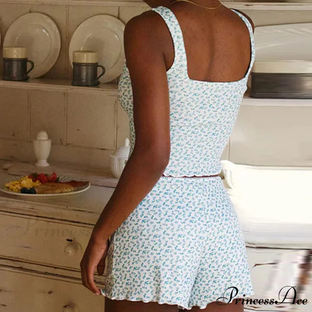 Flower Pattern Bow Detail Sleeveless Midriff Tops Shorts Two Pieces Set