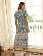 Flower Pattern Button Rayon Holiday Maxi Boho Dress