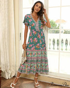Flower Pattern Button Rayon Holiday Maxi Boho Dress