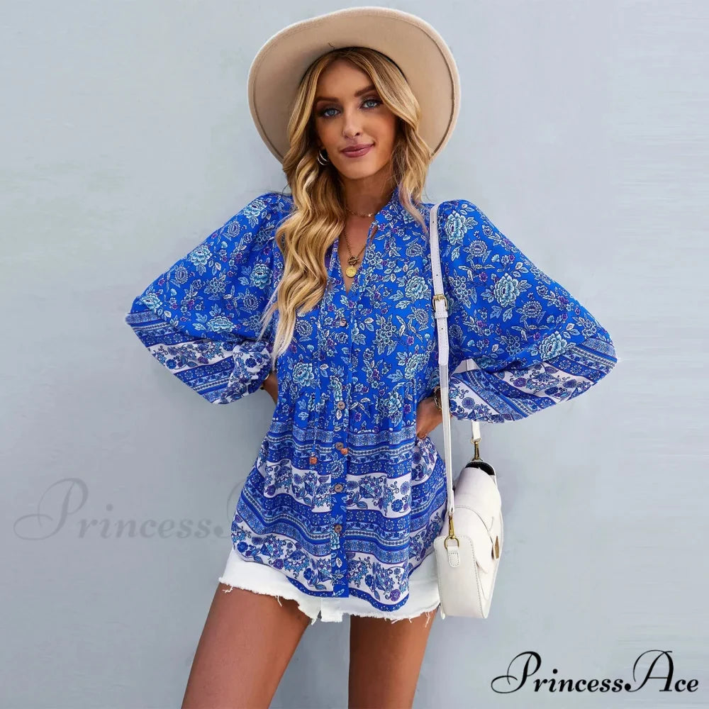Flower Pattern Button-Up Extended Sleeve Bohemian Blouse