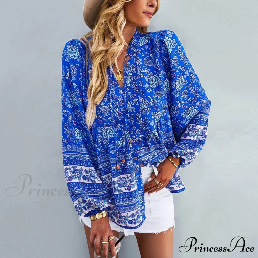 Flower Pattern Button-Up Extended Sleeve Bohemian Blouse