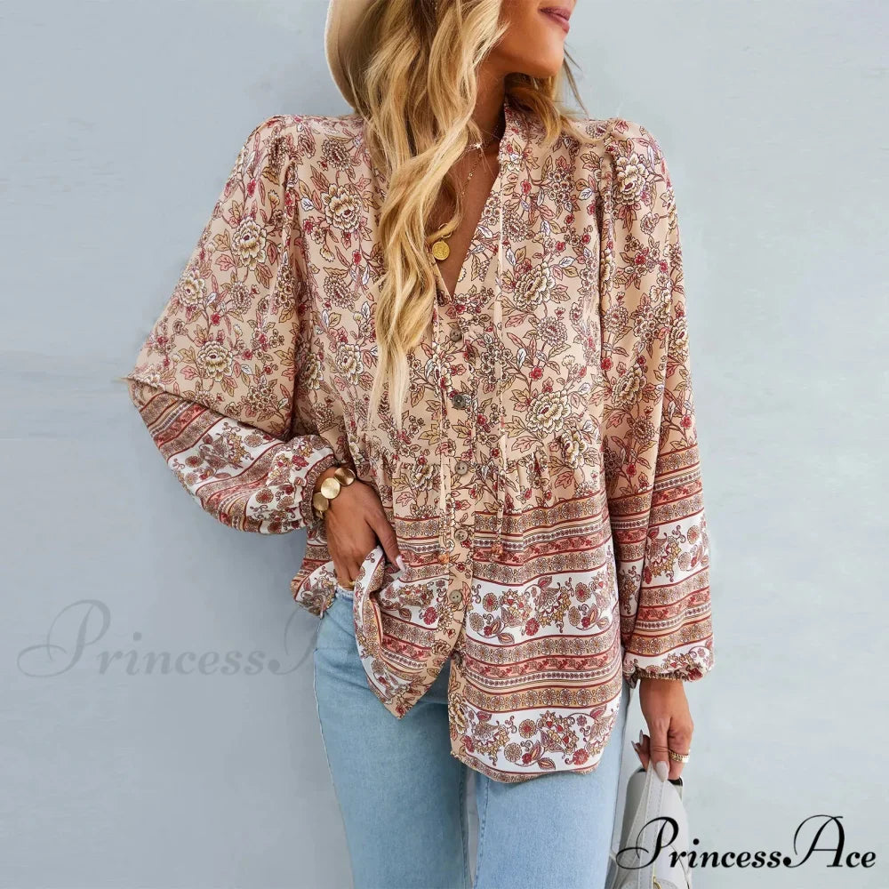 Flower Pattern Button-Up Extended Sleeve Bohemian Blouse