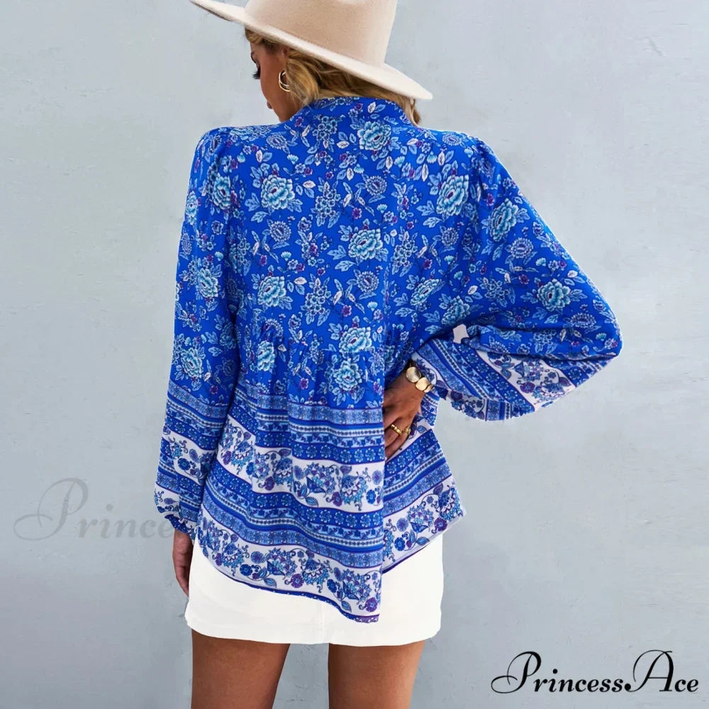 Flower Pattern Button-Up Extended Sleeve Bohemian Blouse