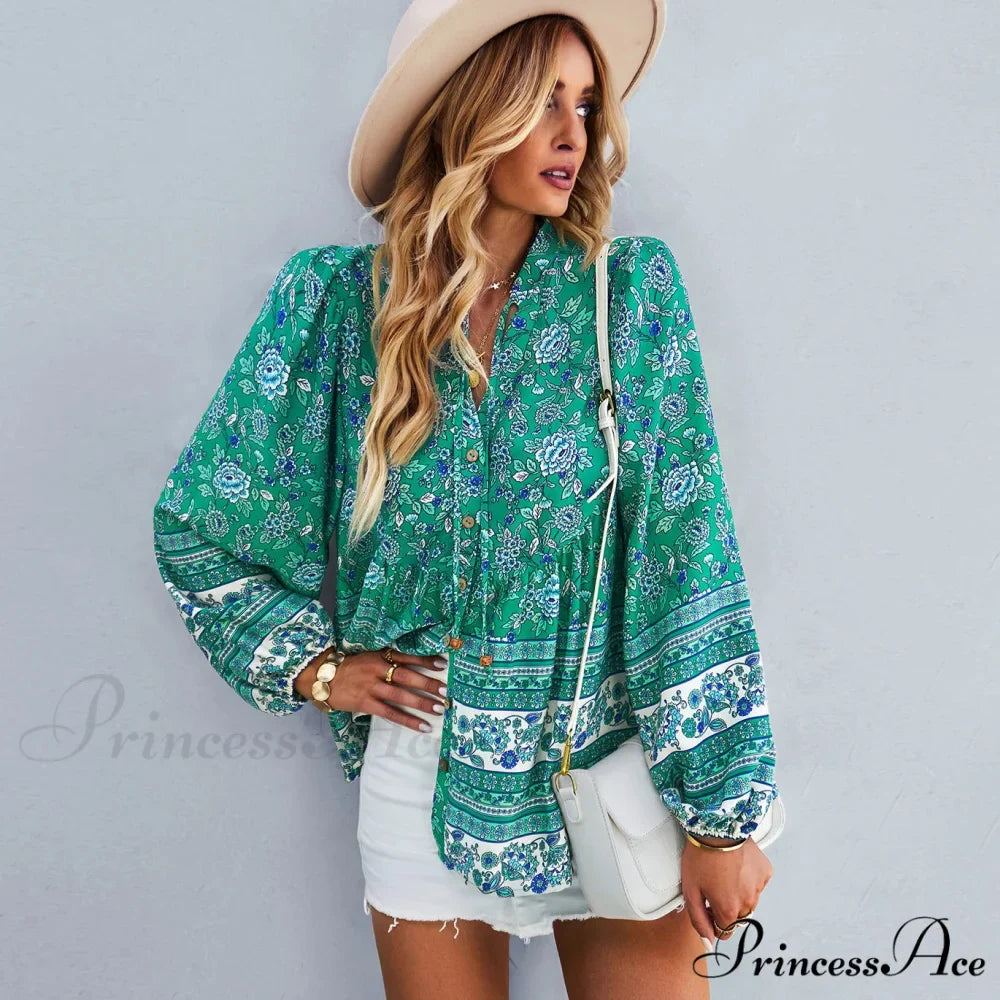 Flower Pattern Button-Up Extended Sleeve Bohemian Blouse