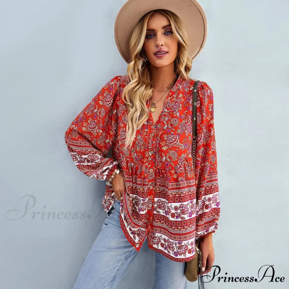 Flower Pattern Button-Up Extended Sleeve Bohemian Blouse