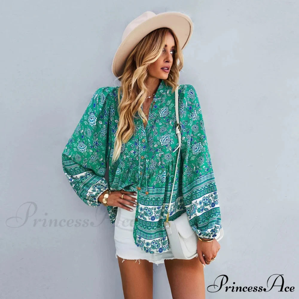 Flower Pattern Button-Up Extended Sleeve Bohemian Blouse