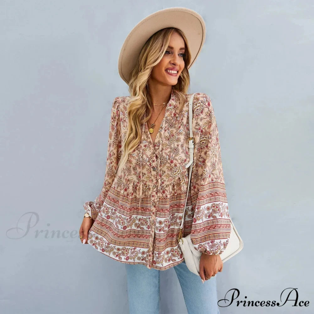 Flower Pattern Button-Up Extended Sleeve Bohemian Blouse