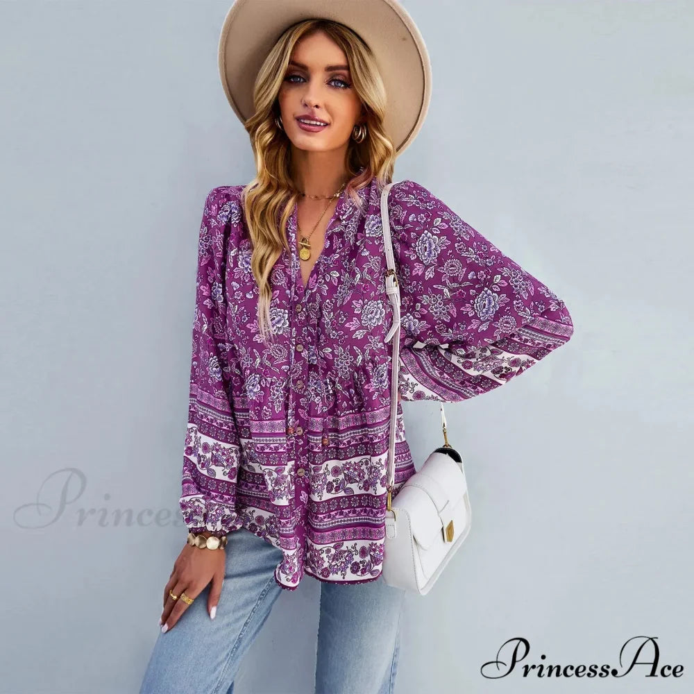Flower Pattern Button-Up Extended Sleeve Bohemian Blouse