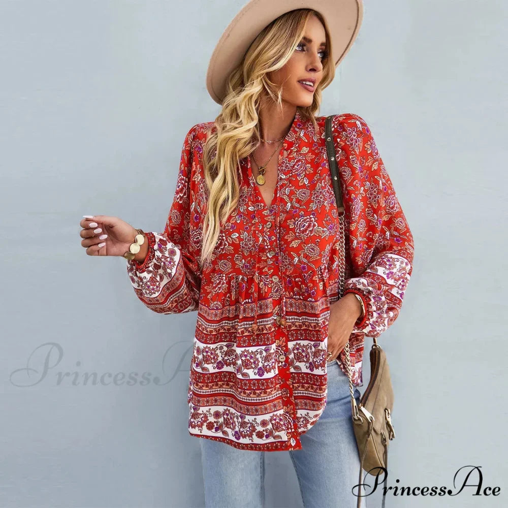 Flower Pattern Button-Up Extended Sleeve Bohemian Blouse