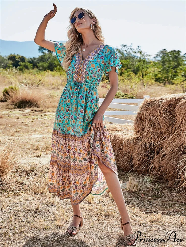 Flower Pattern Button V-neck Folded Rayon Beach Maxi Boho Dress