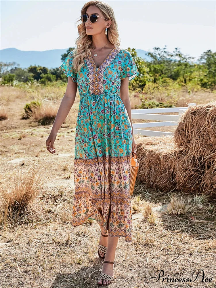 Flower Pattern Button V-neck Folded Rayon Beach Maxi Boho Dress