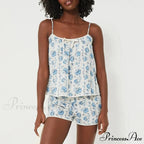 Flower Pattern Camisole Pajama Set Ribbon Trim Sleeveless Crop Shorts Two Pieces Set