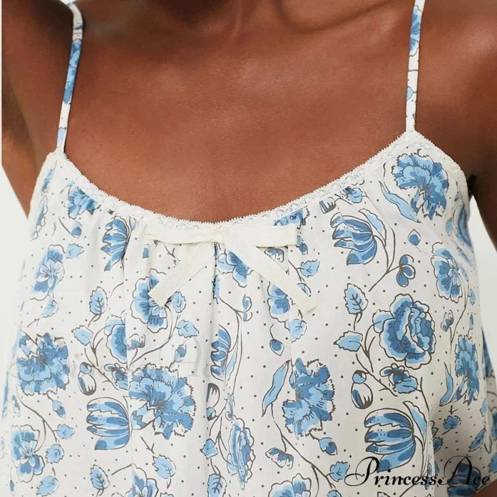 Flower Pattern Camisole Pajama Set Ribbon Trim Sleeveless Crop Shorts Two Pieces Set