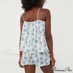 Flower Pattern Camisole Pajama Set Ribbon Trim Sleeveless Crop Shorts Two Pieces Set