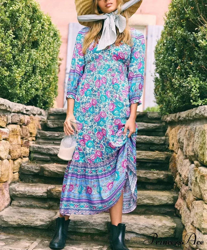 Flower Pattern Cross V-neck Button Summer Boho Dress