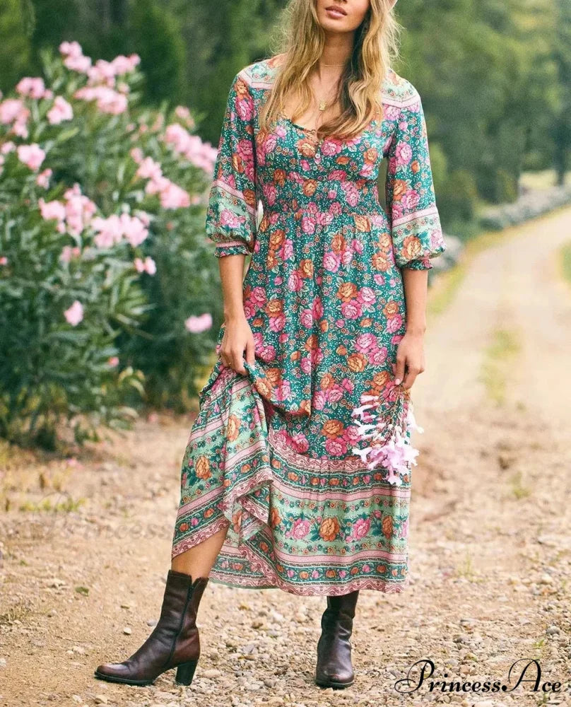 Flower Pattern Cross V-neck Button Summer Boho Dress