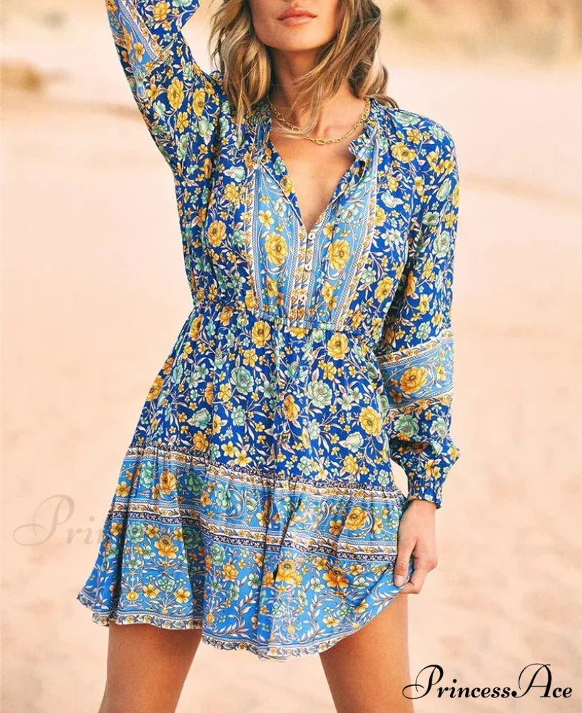 Flower Pattern Cultural Long Sleeve V-neck Button Belt Frills Mini Boho Dress
