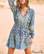 Flower Pattern Cultural Long Sleeve V-neck Button Belt Frills Mini Boho Dress