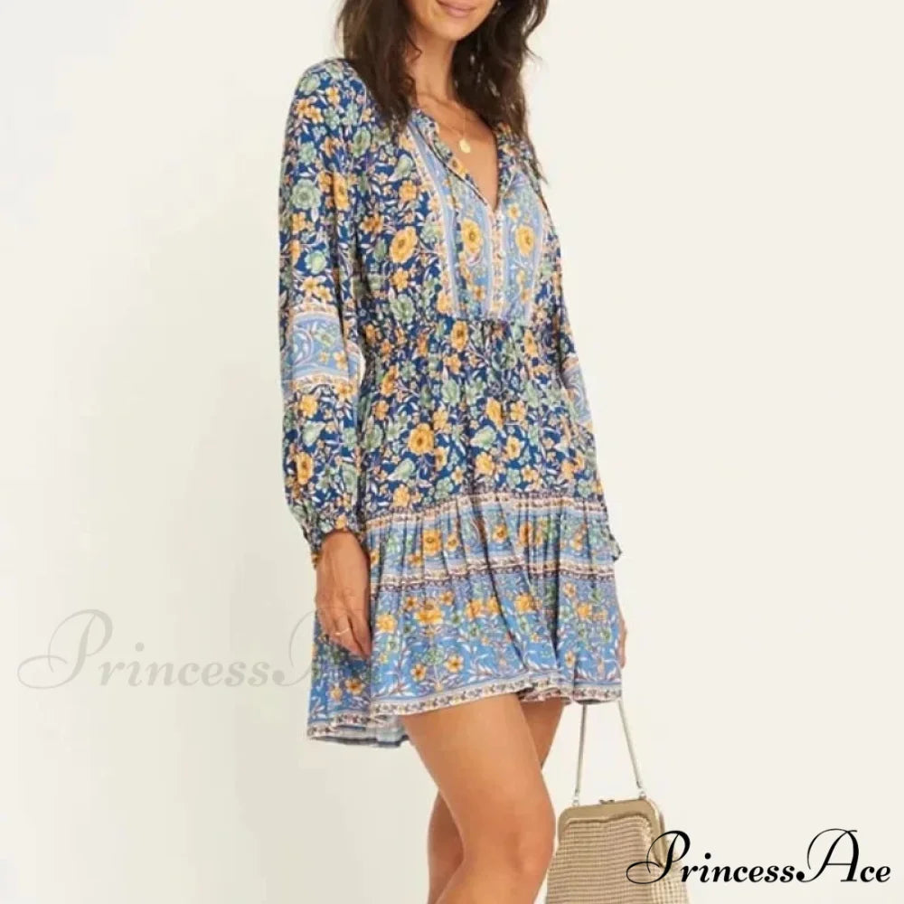 Flower Pattern Cultural Long Sleeve V-neck Button Belt Frills Mini Boho Dress
