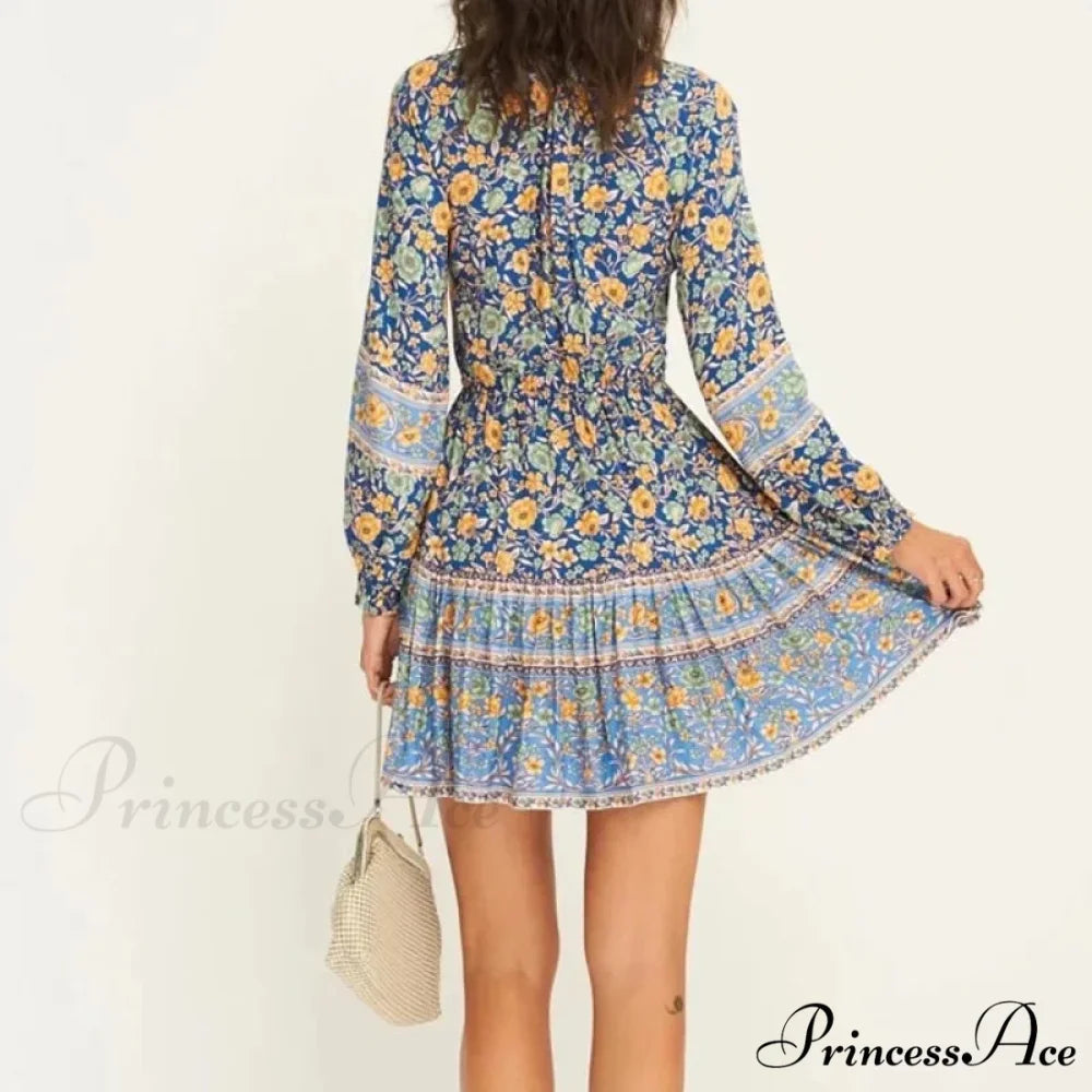Flower Pattern Cultural Long Sleeve V-neck Button Belt Frills Mini Boho Dress