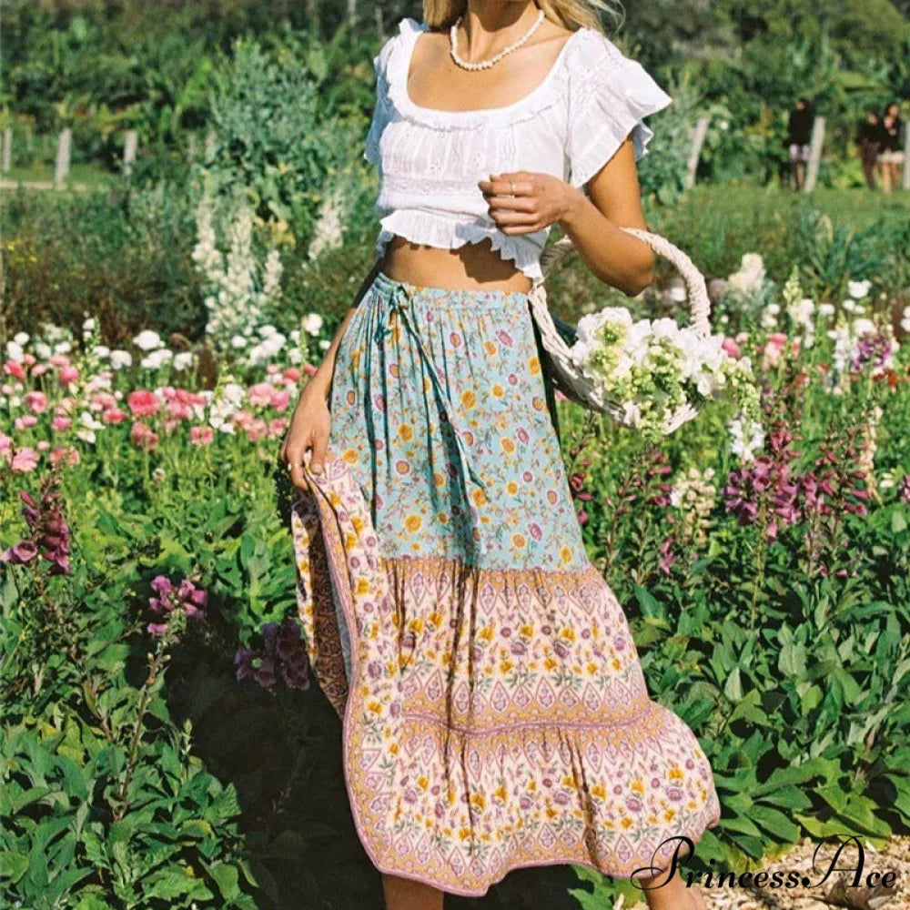 Flower Pattern Cultural Seaside Hippie Rayon Skirt