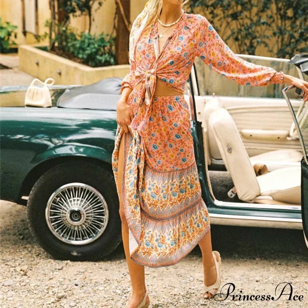 Flower Pattern Cultural Seaside Hippie Rayon Skirt