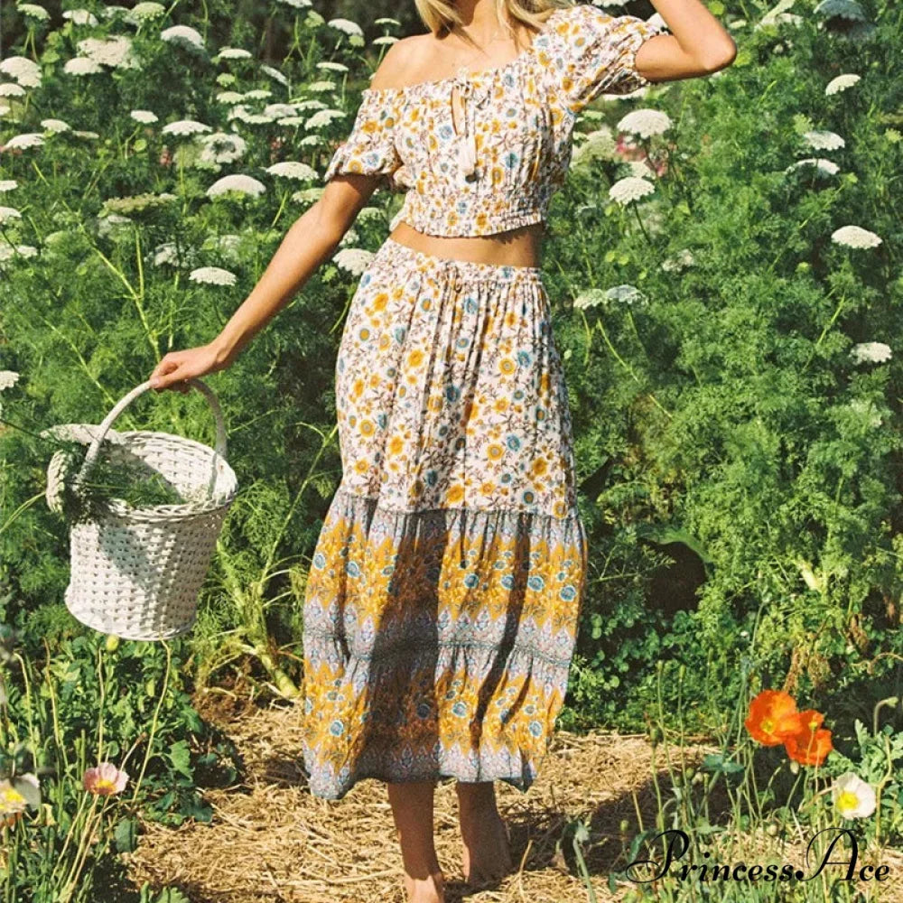 Flower Pattern Cultural Seaside Hippie Rayon Skirt