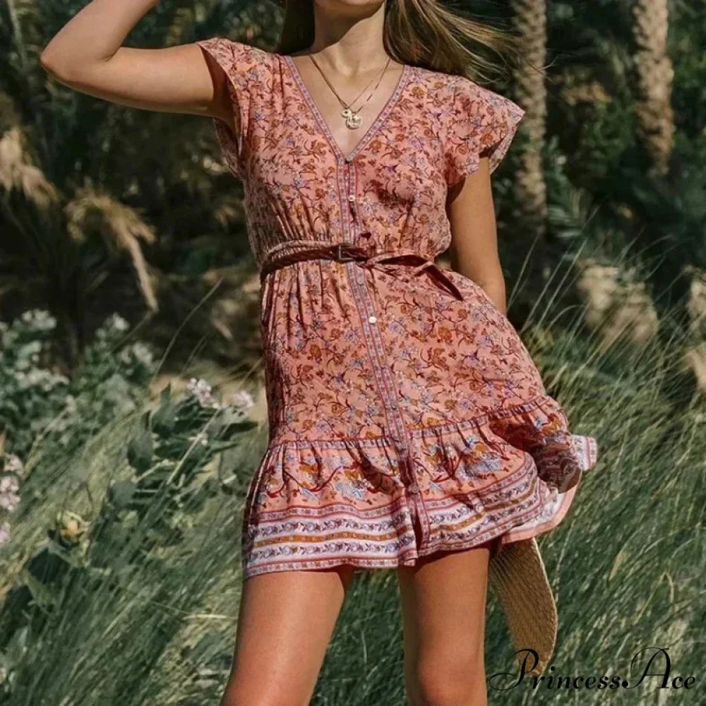 Flower Pattern Deep Plunge Short Sleeve Holiday Mini Bohemian Dress