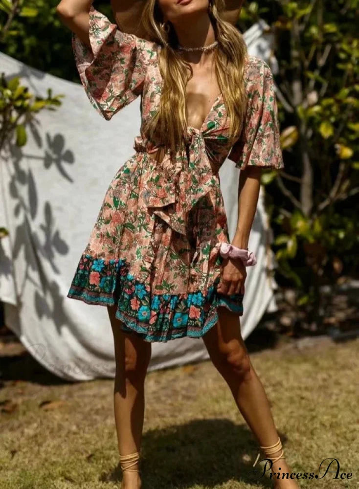 Flower Pattern Deep Plunge Waist Ties Batwing Sleeve Bow Mini Boho Dress