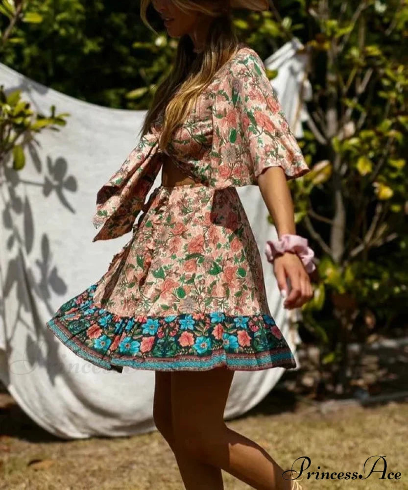 Flower Pattern Deep Plunge Waist Ties Batwing Sleeve Bow Mini Boho Dress