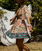 Flower Pattern Deep Plunge Waist Ties Batwing Sleeve Bow Mini Boho Dress