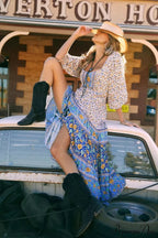 Flower Pattern Extended Sleeve Belts Folded Round Neck Bohemian Dress