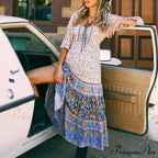 Flower Pattern Extended Sleeve Belts Folded Round Neck Bohemian Dress