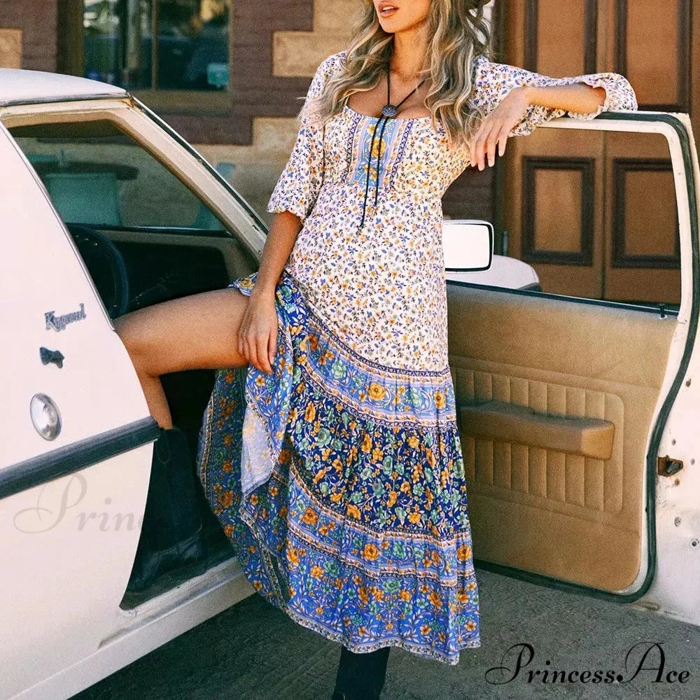 Flower Pattern Extended Sleeve Belts Folded Round Neck Bohemian Dress