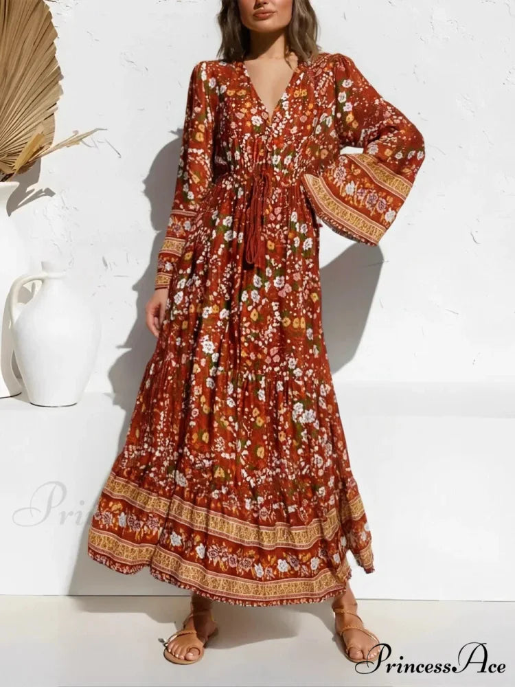 Flower Pattern Extended Sleeve Fringe Plunging Neckline Seaside Bohemian Dress