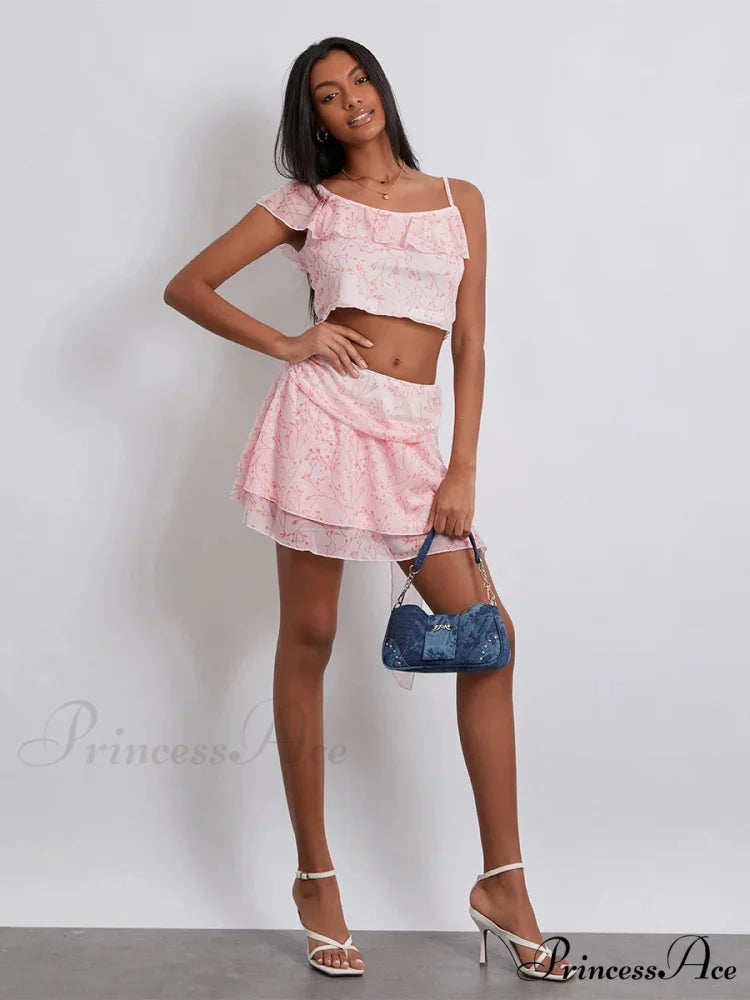 Flower Pattern Frill Sling Cropped Camisole Mini Skirt Flowered Dress