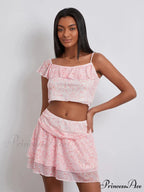 Flower Pattern Frill Sling Cropped Camisole Mini Skirt Flowered Dress