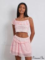 Flower Pattern Frill Sling Cropped Camisole Mini Skirt Flowered Dress